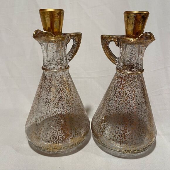 Hazel Atlas MCM vintage gold speckled glass set of 2 oil and vinegar cruets - Picture 4 of 10